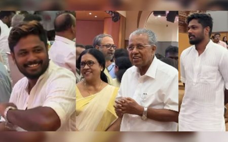 വെള്ള കുര്‍ത്തയും മുണ്ടും ധരിച്ച് സഞ്ജു, ദുബായിലേക്ക് പുറപ്പെടും മുൻപ് മുഖ്യമന്ത്രിയുടെ ഓണവിരുന്നിൽ