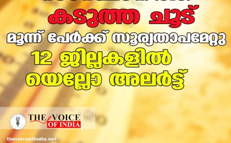 സംസ്ഥാനത്ത് കടുത്ത ചൂട്: മൂന്ന് പേർക്ക് സൂര്യതാപമേറ്റു; 12 ജില്ലകളിൽ യെല്ലോ അലർട്ട്