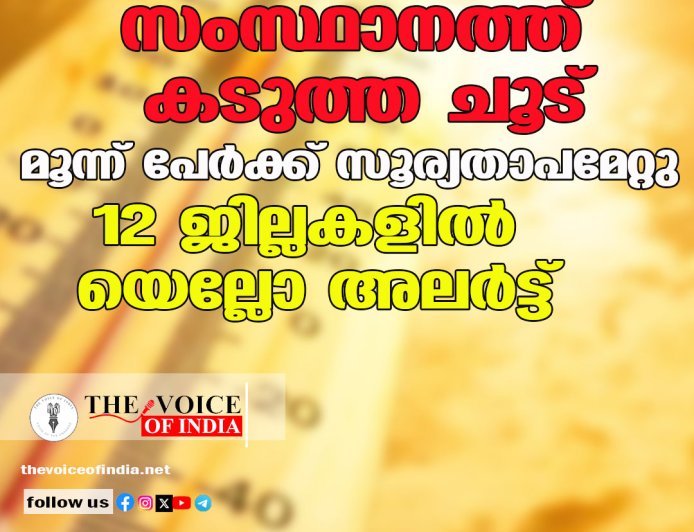 സംസ്ഥാനത്ത് കടുത്ത ചൂട്: മൂന്ന് പേർക്ക് സൂര്യതാപമേറ്റു; 12 ജില്ലകളിൽ യെല്ലോ അലർട്ട്